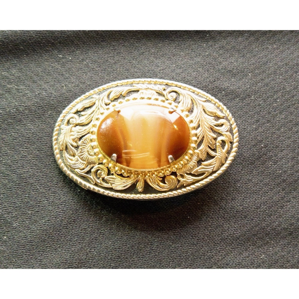 Vtg‎ Western Gold Toned Belt Buckle Polished Agate Rodeo Southwestern Country - Picture 2 of 7